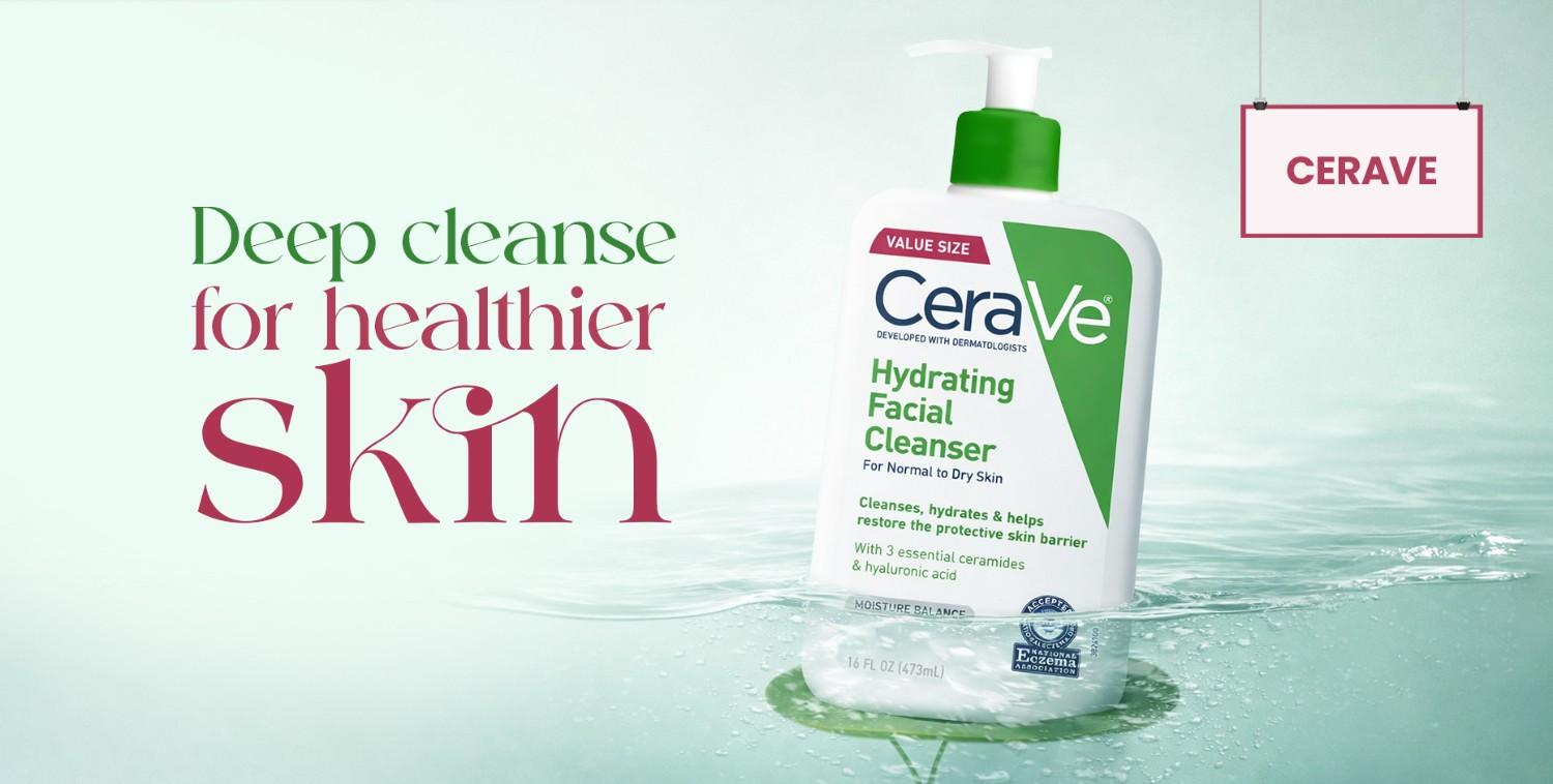CeraVe Hydrating Facial Cleanser bottle with green cap, surrounded by water splashes, promoting healthy skin.