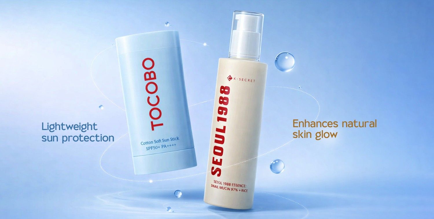 New In Skin Care: TOCUBO sun stick and SEOUL1988 essence bottle with water droplets.