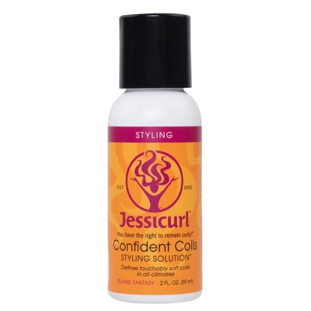 White Jessicurl Confident Coils Styling Solution bottle with a black cap and orange label.