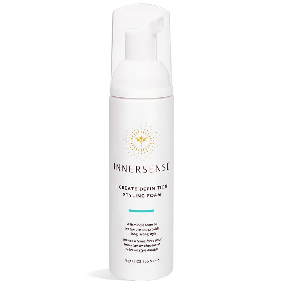 White Innersense I Create Definition Styling Foam bottle with a clear cap and gold sun logo.