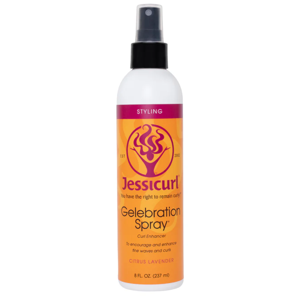 Jessicurl Gelebration Spray, an 8 oz white bottle with an orange and pink label, black cap.