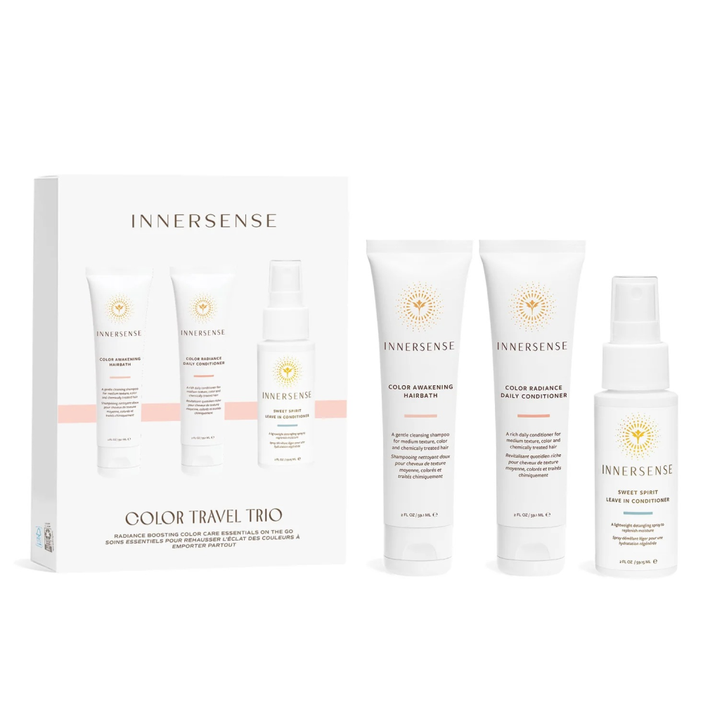 White Innersense Color Travel Trio box with three 59ml bottles: Hairbath, Daily Conditioner, and Leave-In.
