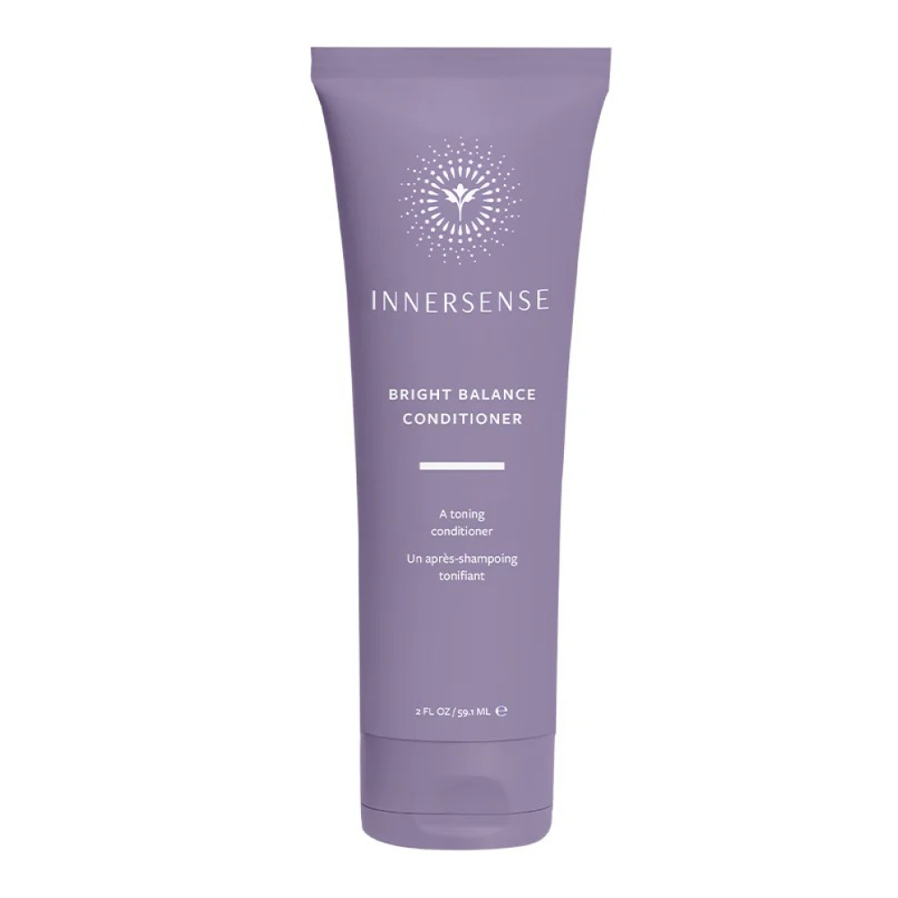 Innersense Bright Balance purple toning conditioner in a 2 fl oz tube with a white logo.