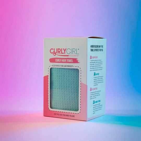 Curly Girl Movement Curly Hair Towel in a white and pink box, showing a light blue waffle-textured towel.
