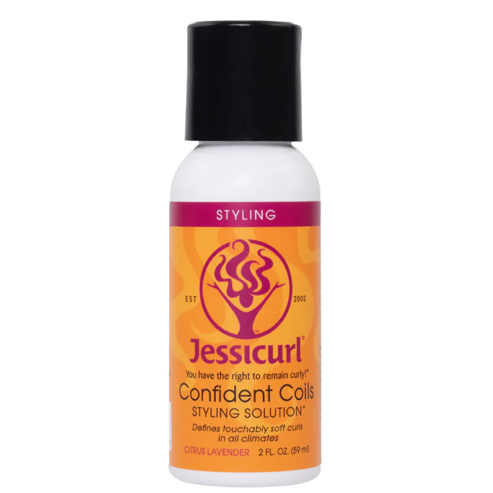 White Jessicurl Confident Coils Styling Solution bottle with an orange and pink label, black cap.