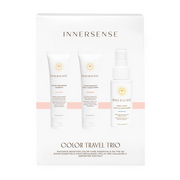 White Innersense Color Travel Trio set with shampoo, conditioner, and leave-in spray bottles.