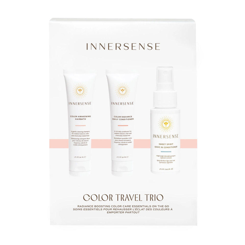 White Innersense Color Travel Trio set with shampoo, conditioner, and leave-in spray bottles.
