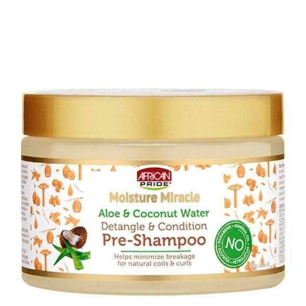 African Pride Moisture Miracle Pre-Shampoo in a clear jar with a gold lid, featuring aloe and coconut water.