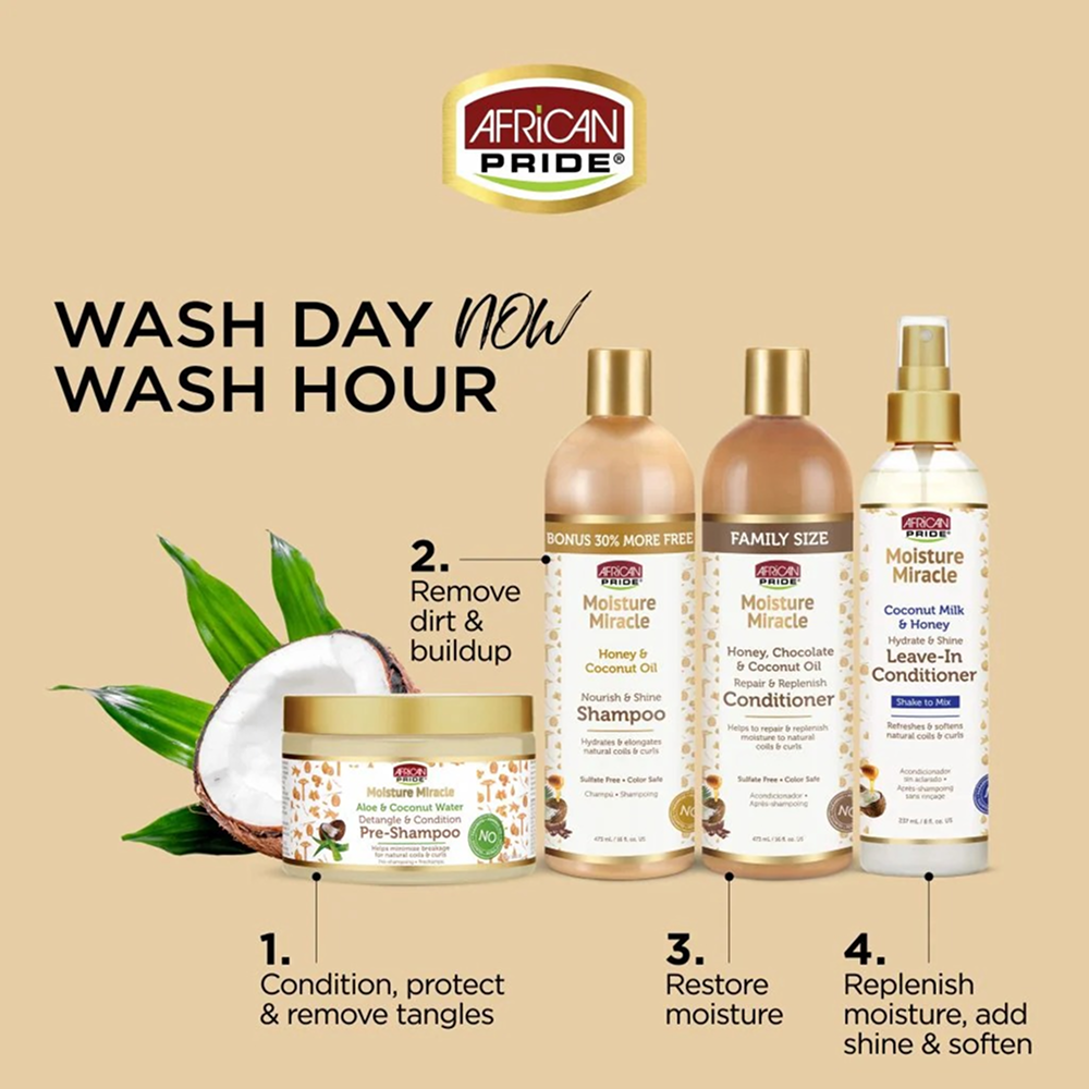 African Pride Moisture Miracle Pre-Shampoo jar with aloe, coconut, and other hair products.