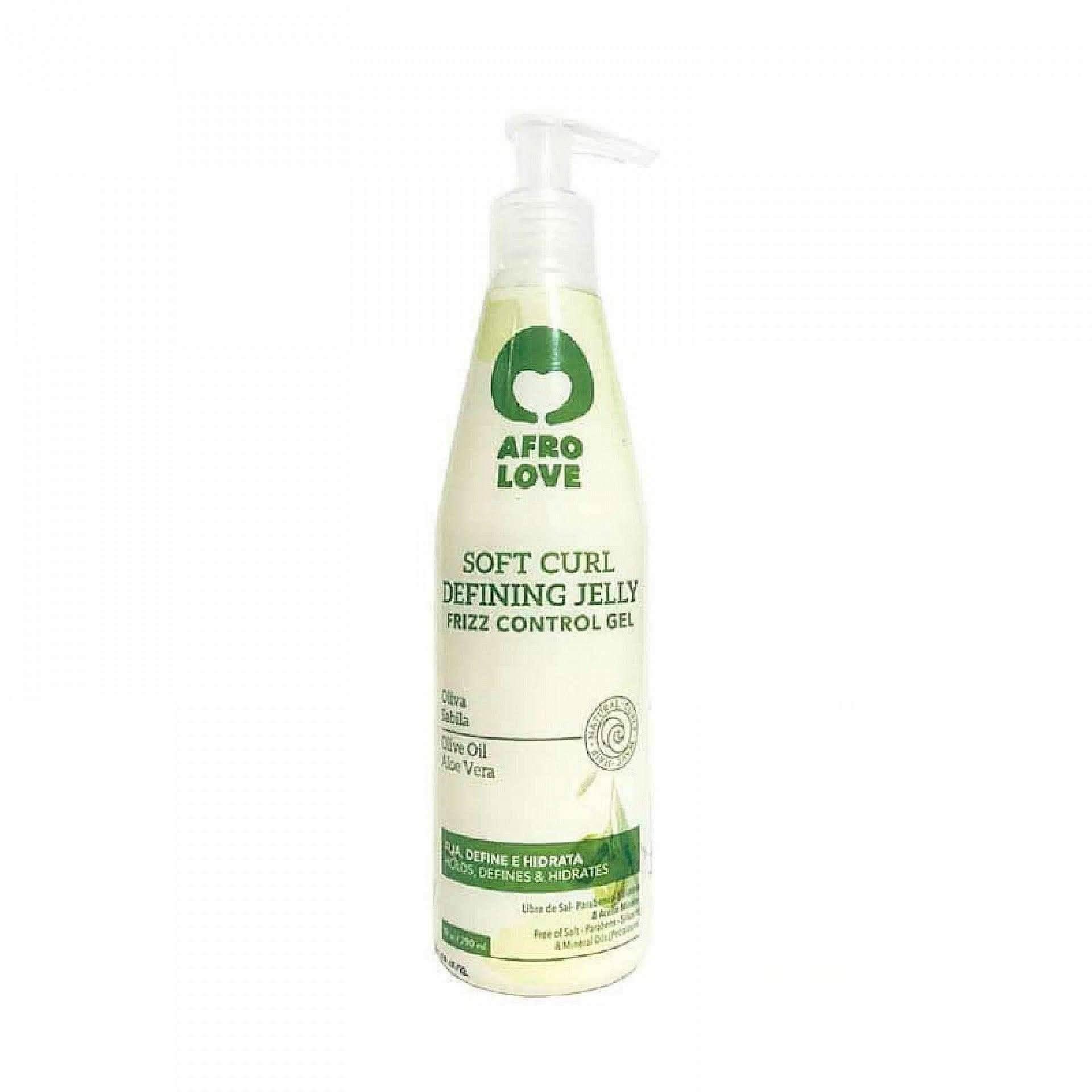 Afro Love Soft Curl Defining Jelly in a light green pump bottle with olive oil and aloe vera.