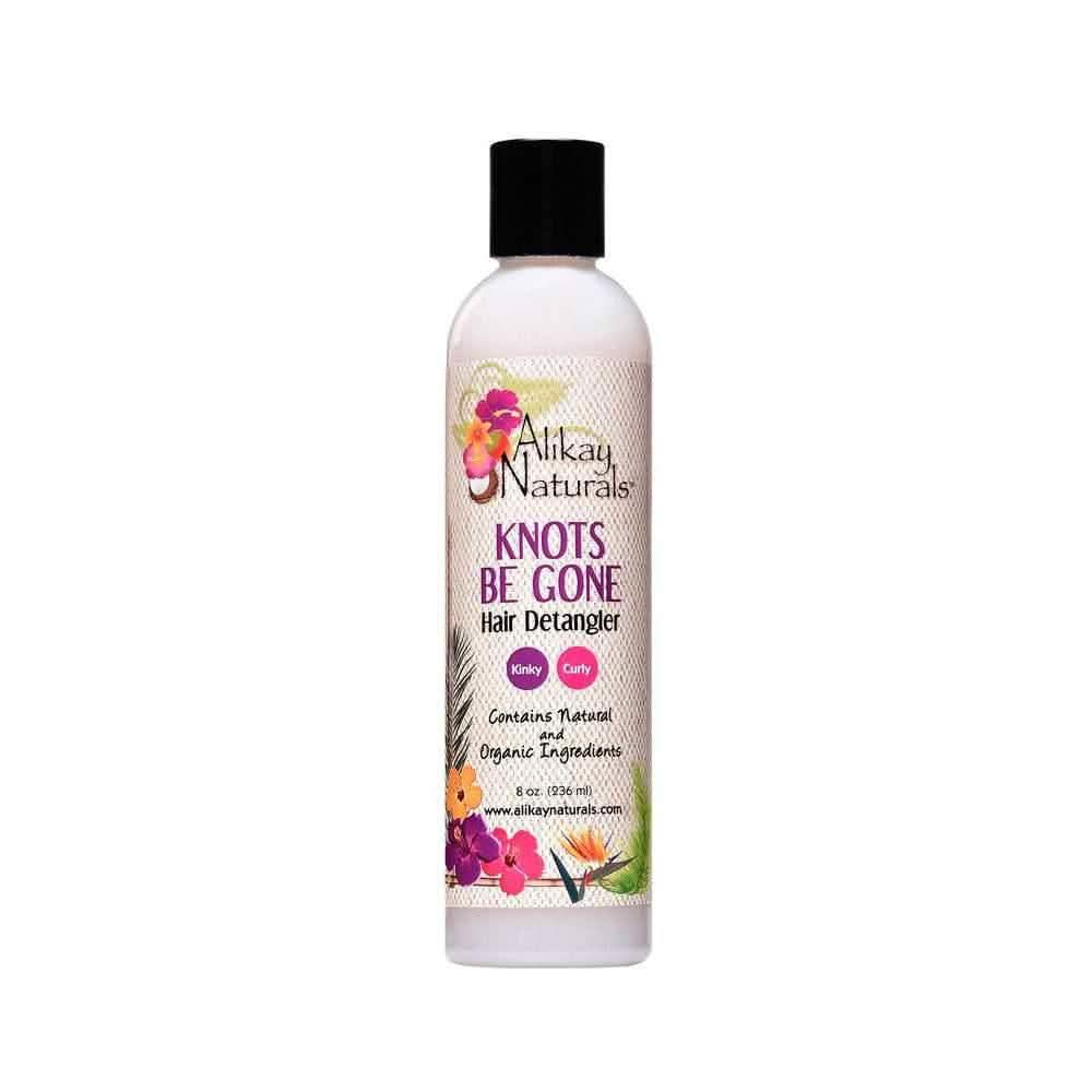Alikay Naturals Knots Be Gone Hair Detangler, 236ml white bottle with black cap and floral label.
