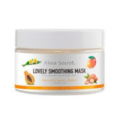 Alma Secret Lovely Smoothing Mask 250ml in a clear jar with white lid, featuring papaya, mango, and almond illustrations.