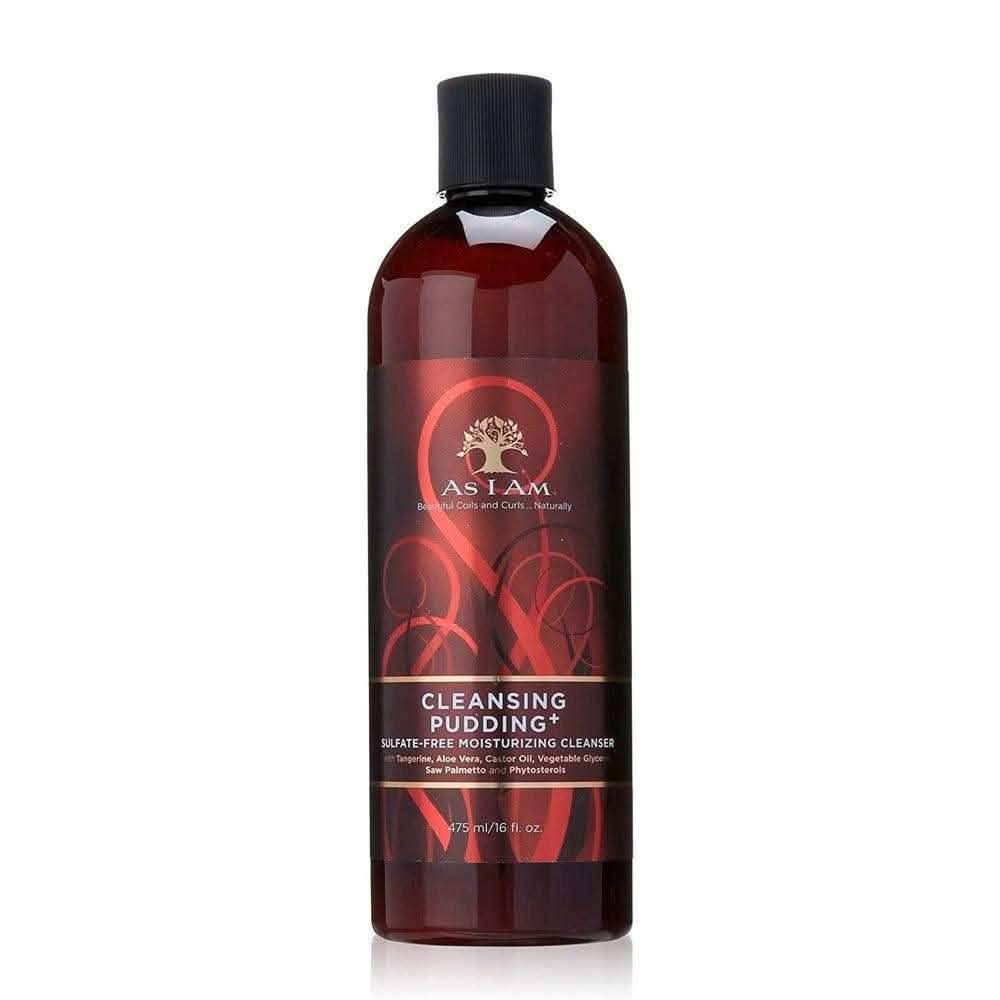 As I Am Classic Cleansing Pudding+ Shampoo in a dark red 16 fl oz bottle with a black cap.