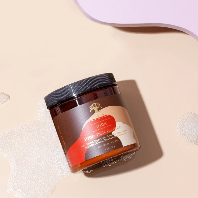 As I Am Classic Hydration Elation 227g deep conditioner in a brown jar with a black lid, surrounded by bubbles.