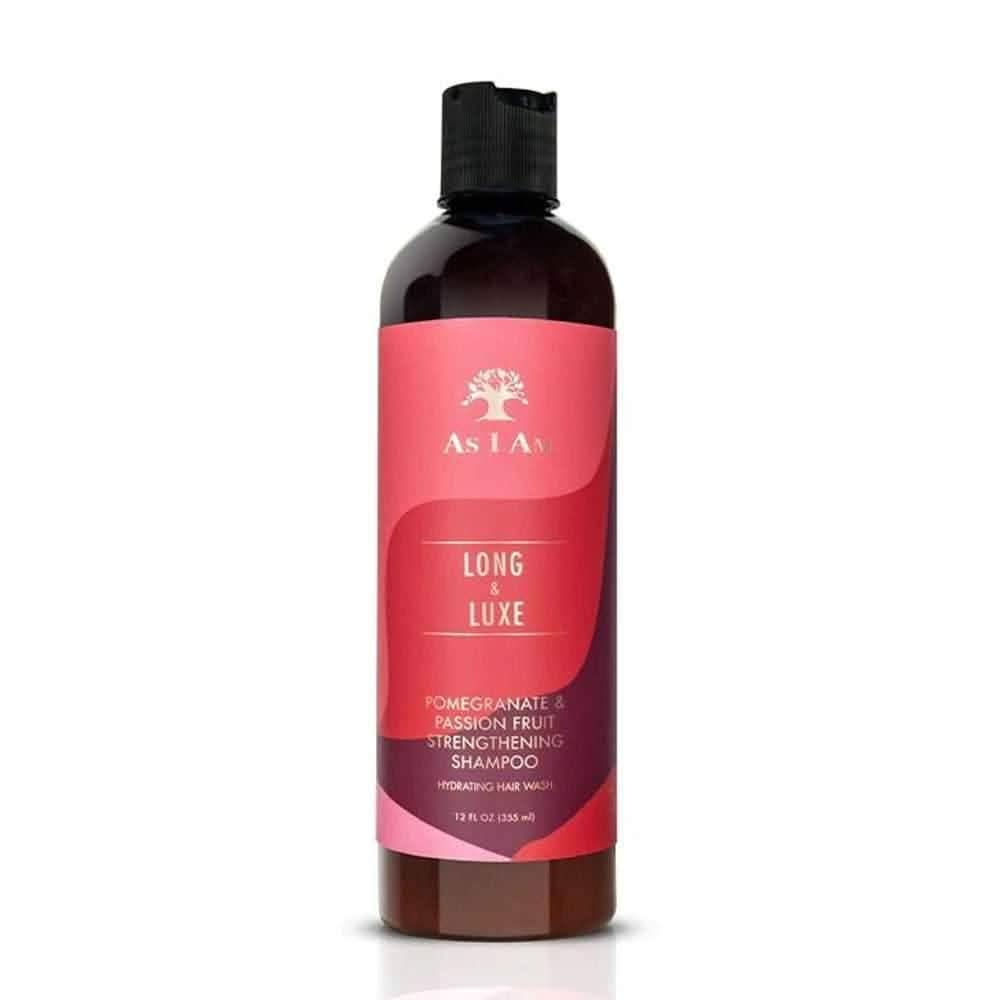 As I Am Long & Luxe Shampoo in a dark brown bottle with a pink and red label, black flip-top cap.