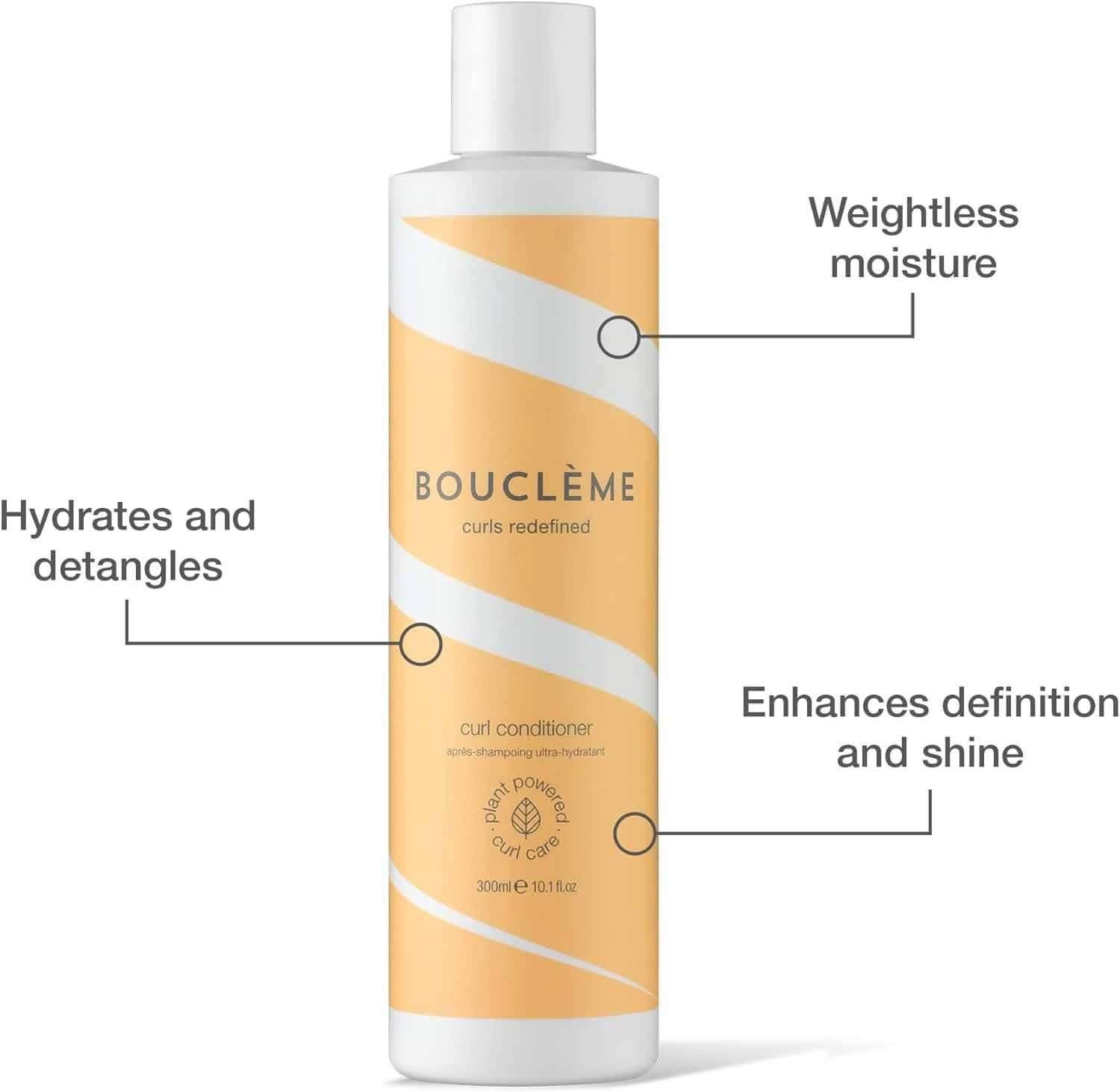 Bouclème Curl Conditioner in a white bottle with orange wavy stripes, highlighting its benefits.