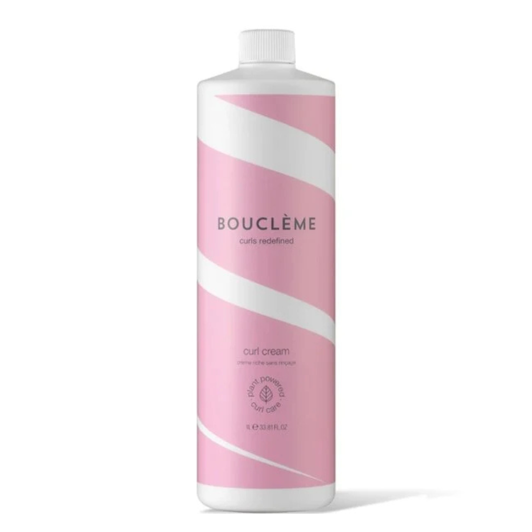 Large white Bouclème Curl Cream bottle with pink diagonal stripes and a white cap.