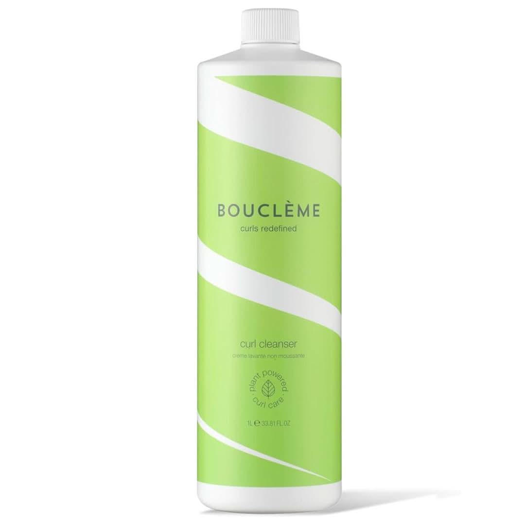 Bouclème Curl Cleanser 1L bottle with white cap and green wavy design.