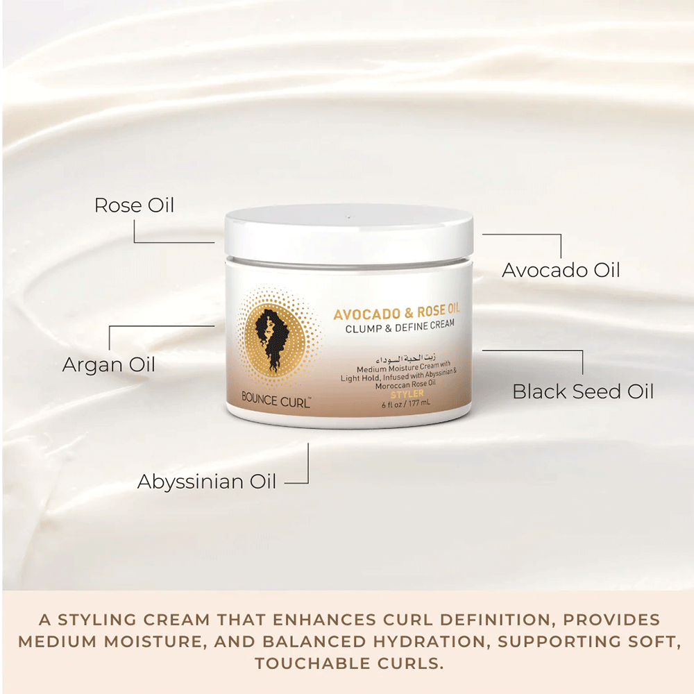 White jar of Bounce Curl Avocado & Rose Oil Clump & Define Cream, 6 fl oz, on a creamy background.