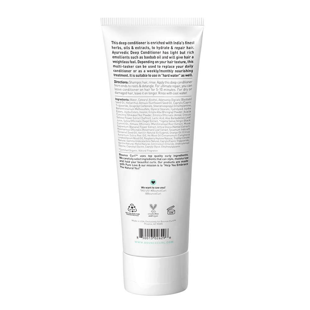 White Bounce Curl Ayurvedic Deep Conditioner tube with black text and product details on the back.
