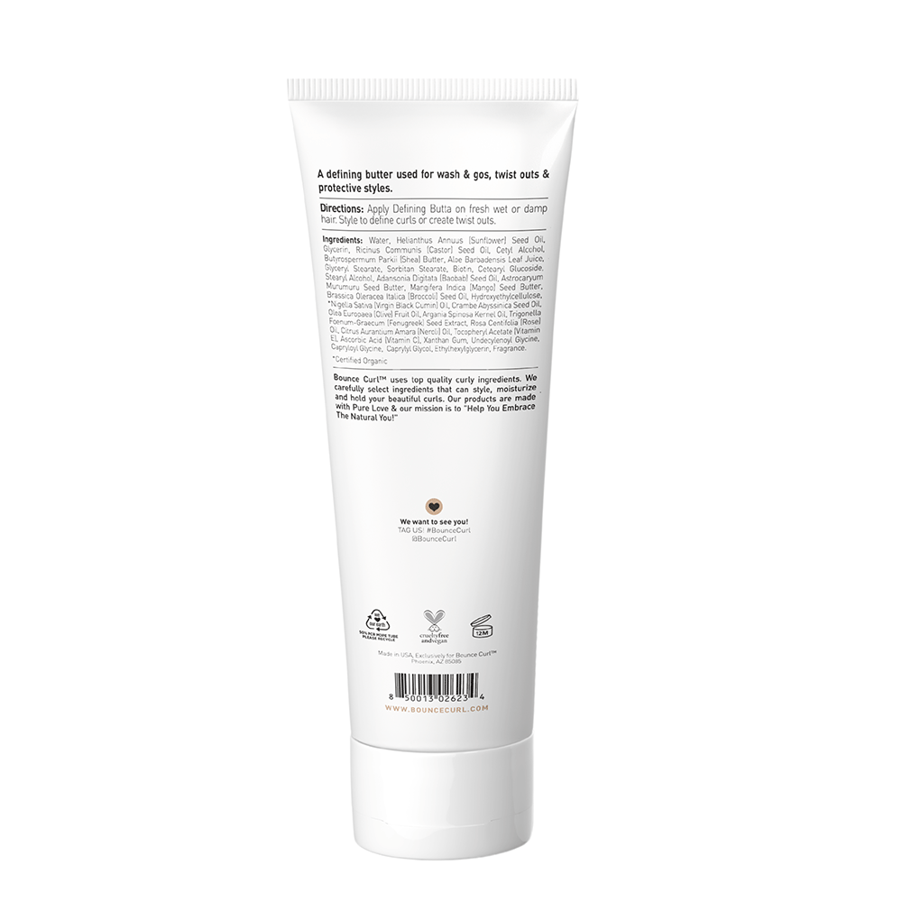 White Bounce Curl Defining Butta tube, 238ml, with product details and ingredients on the back.