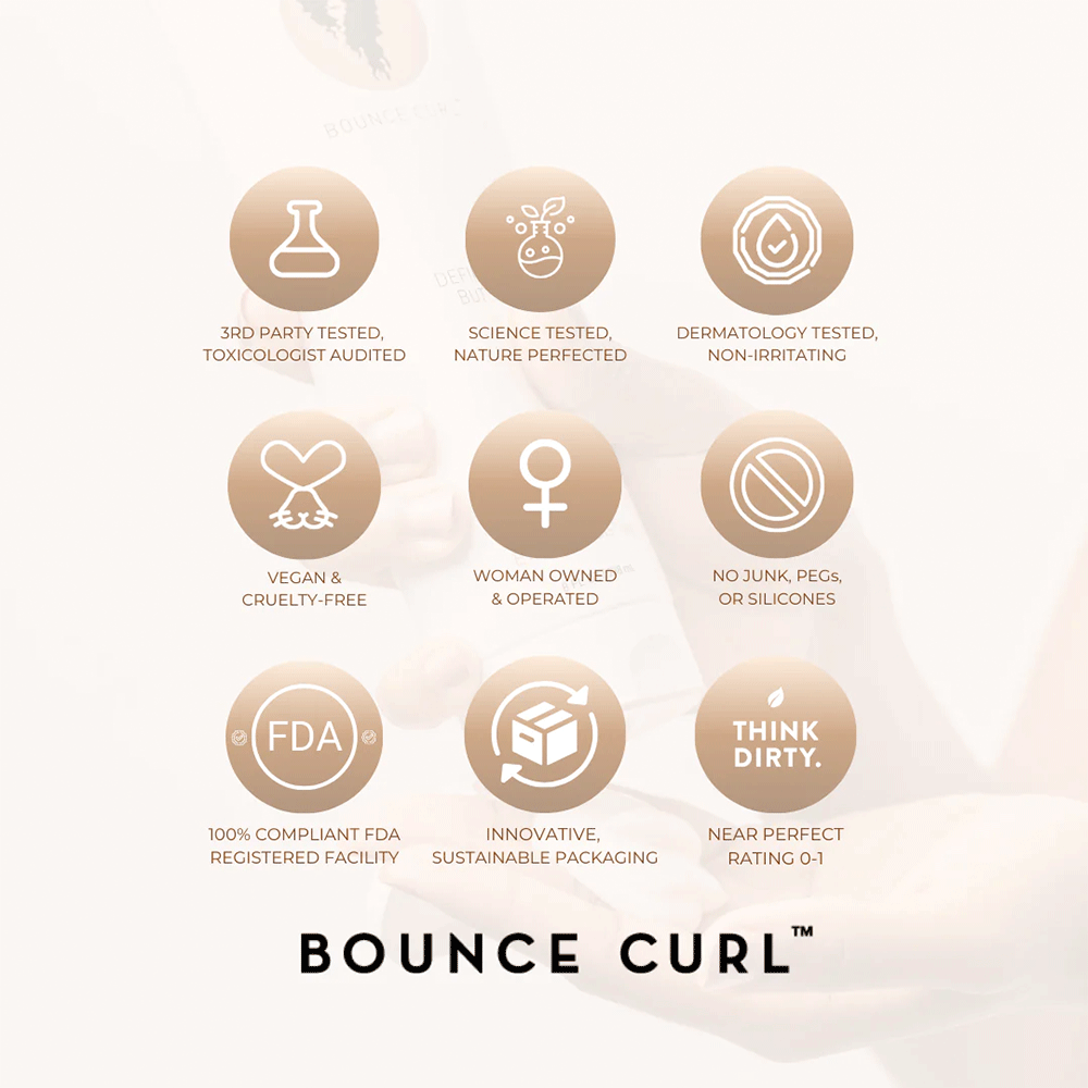 Nine light brown circles with white icons and text detailing Bounce Curl's product benefits and certifications.