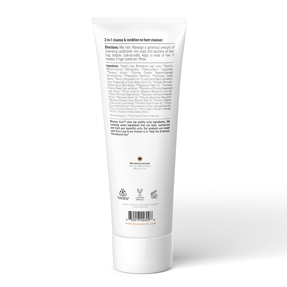 White tube of Bounce Curl Hydra-Drench Cleansing Conditioner, 238ml, with product details and branding on the back.