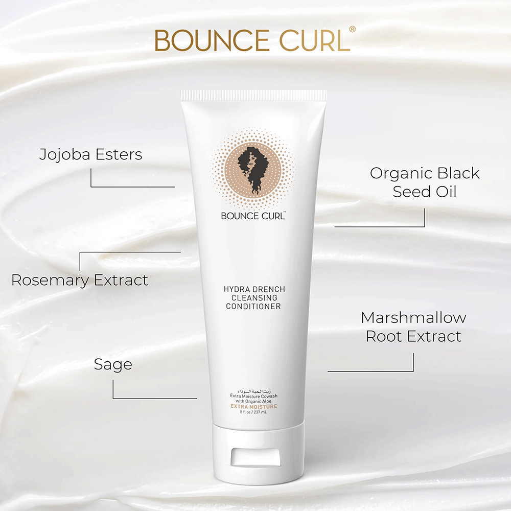 White Bounce Curl Hydra-Drench Cleansing Conditioner tube, 238ml, with ingredients like Jojoba Esters and Organic Black Seed Oil.