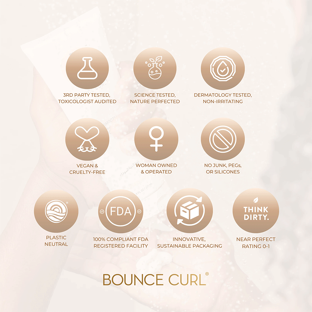 Bounce Curl Hydra-Drench Cleansing Conditioner bottle, white with brown label, showcasing product benefits and certifications.