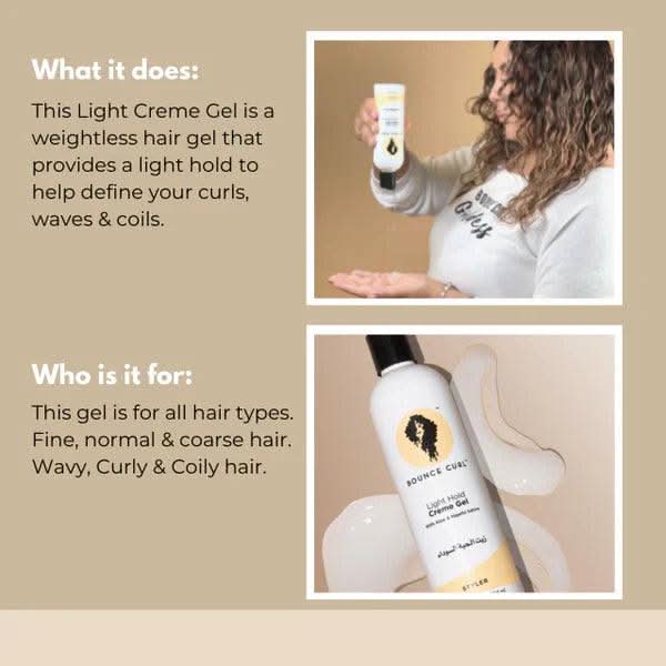 White Bounce Curl Light Hold Cream Gel bottle with black cap and yellow label, surrounded by clear gel.