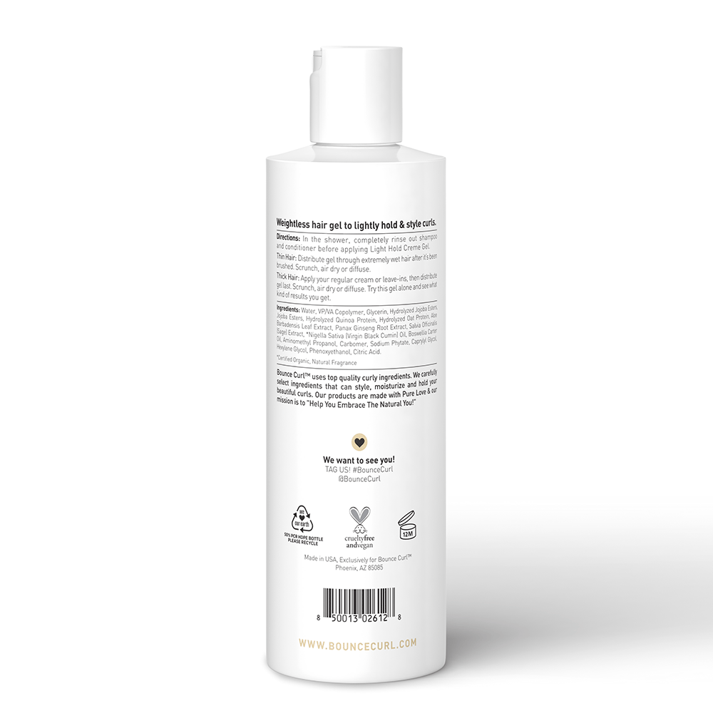 White Bounce Curl Light Hold Cream Gel bottle with product details and branding on the back.