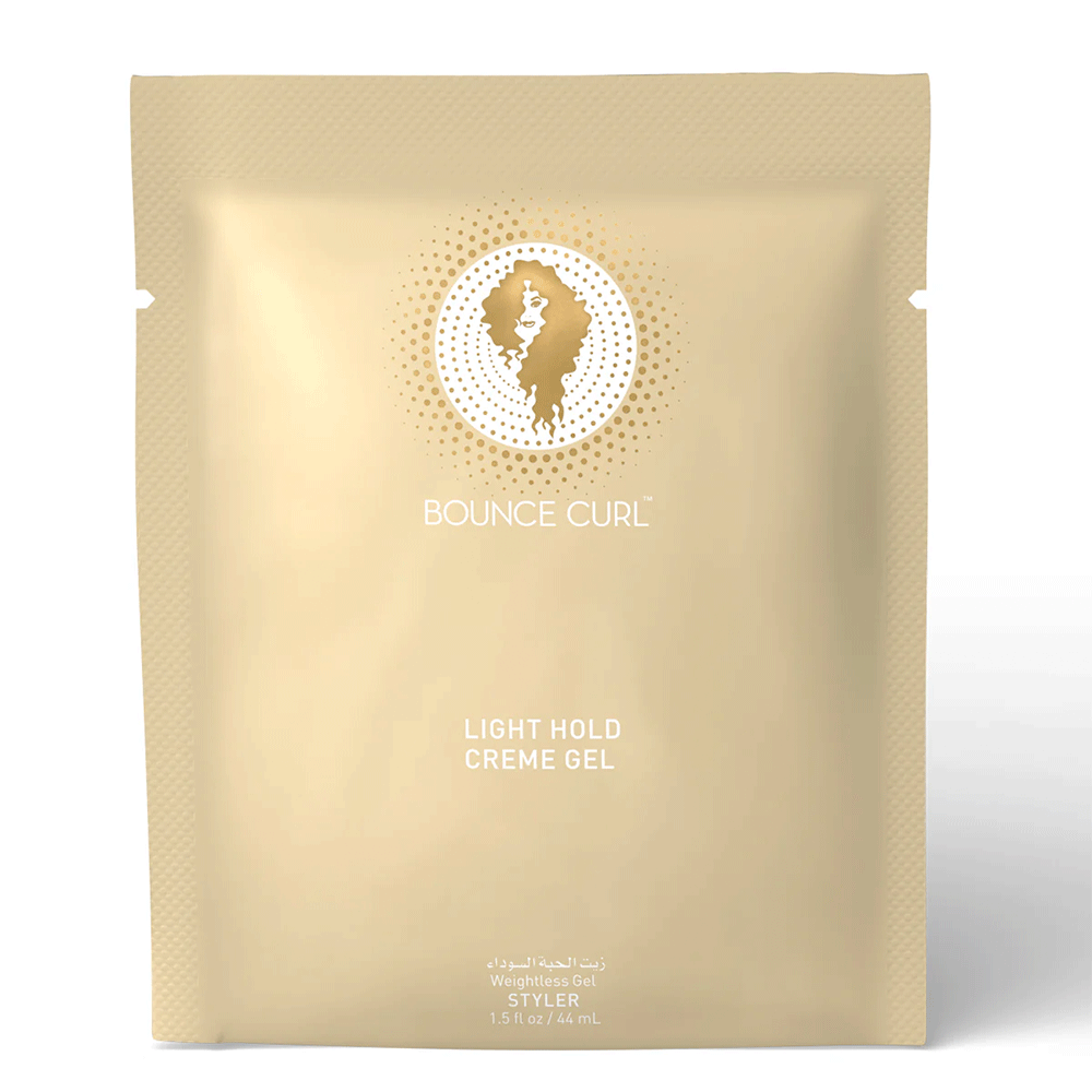 Bounce Curl Light Hold Creme Gel in a beige sample packet with gold curly hair logo.