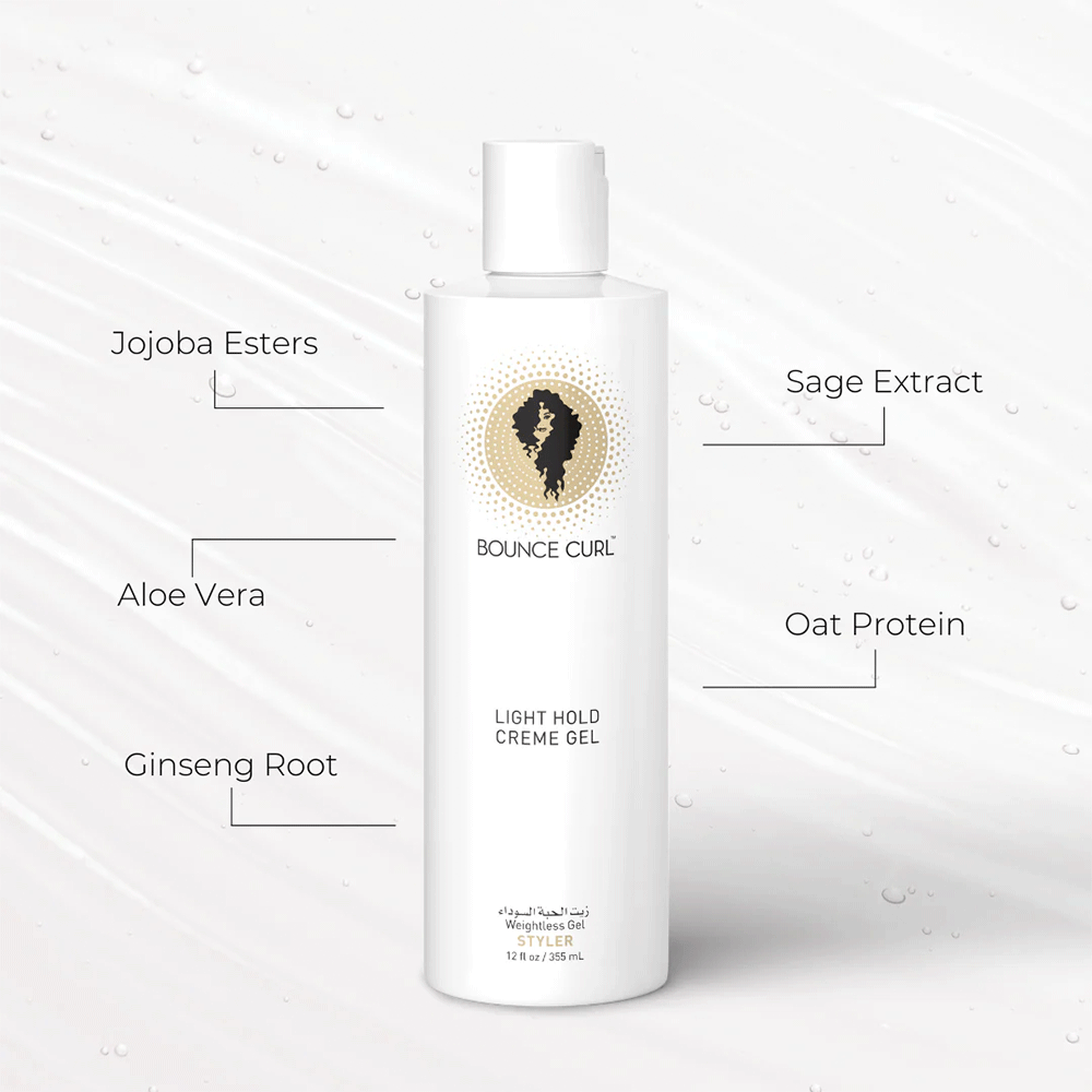 White Bounce Curl Light Hold Creme Gel bottle with gold logo and ingredient callouts on a white background.