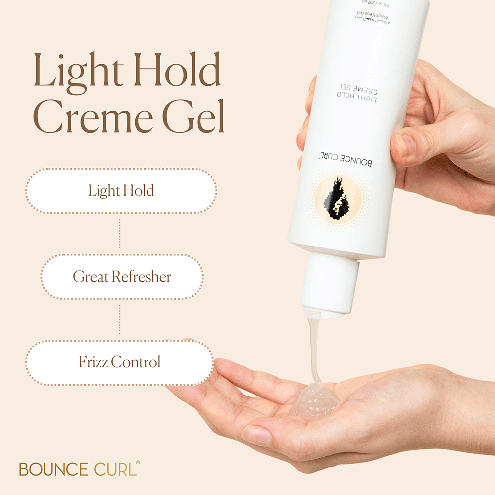 Hand squeezing Bounce Curl Light Hold Creme Gel from a white bottle onto a palm, with text highlights.