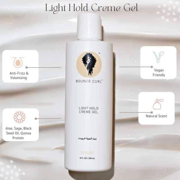 White Bounce Curl Light Hold Creme Gel bottle with product features highlighted.
