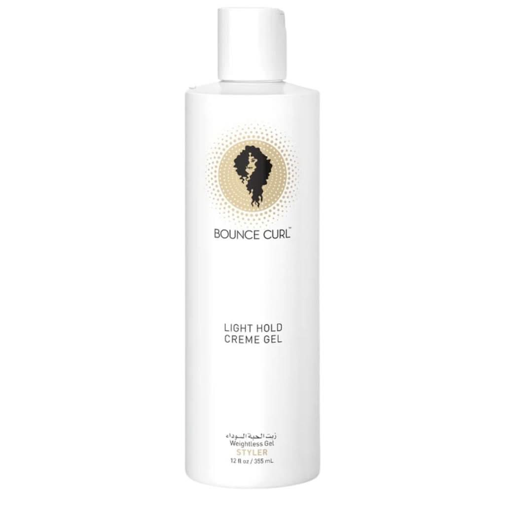 White Bounce Curl Light Hold Creme Gel bottle, 12 fl oz, with gold and black logo.