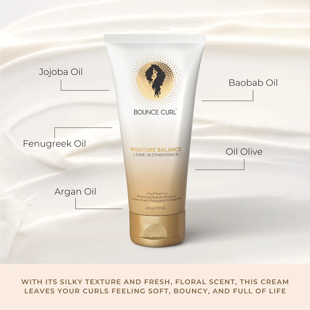 Bounce Curl Moisture Balance Leave-In Conditioner, 177ml white and gold tube with ingredient callouts.
