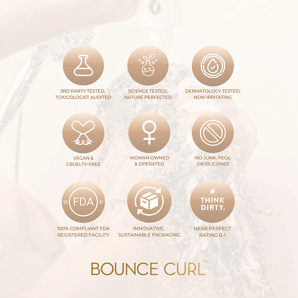 Nine bronze circular icons with white symbols and text highlighting Bounce Curl's product benefits and certifications.
