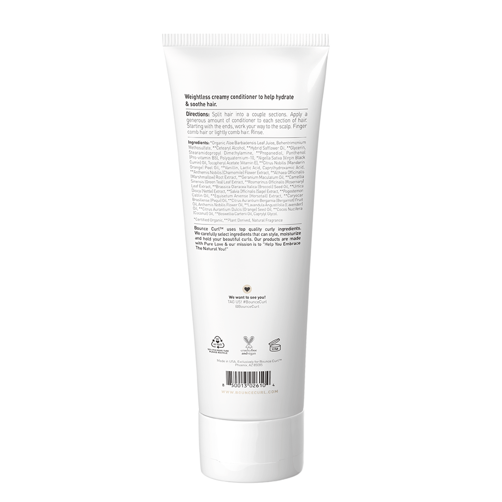 White Bounce Curl Super Smooth Cream Conditioner tube, 238ml, with product details and ingredients on the back.