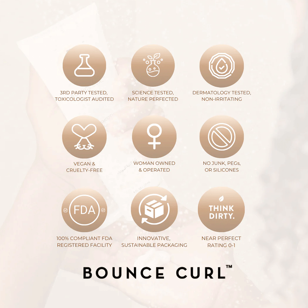 Nine beige circular icons with white symbols representing Bounce Curl's product values like "Vegan & Cruelty-Free" and "Sustainable Packaging.