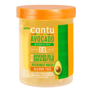 Cantu Avocado Hydrating Styling Gel in a clear 524g jar with an orange lid and green label.