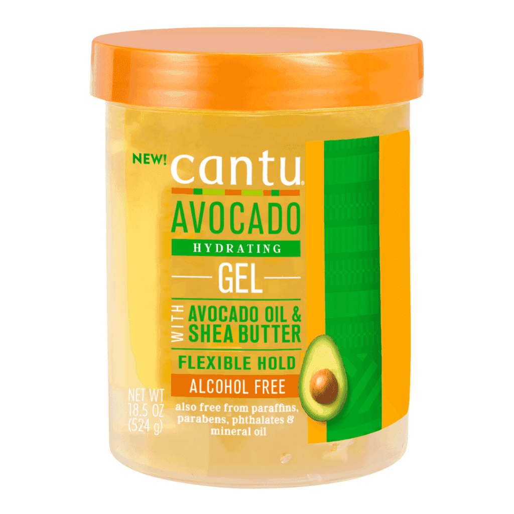 Cantu Avocado Hydrating Styling Gel in a clear 524g jar with an orange lid and green label.