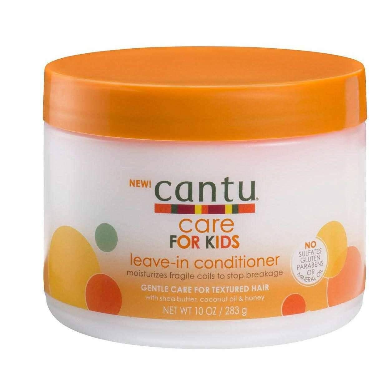 Cantu Care For Kids Leave-In Conditioner, 283g white jar with an orange lid and colorful text.