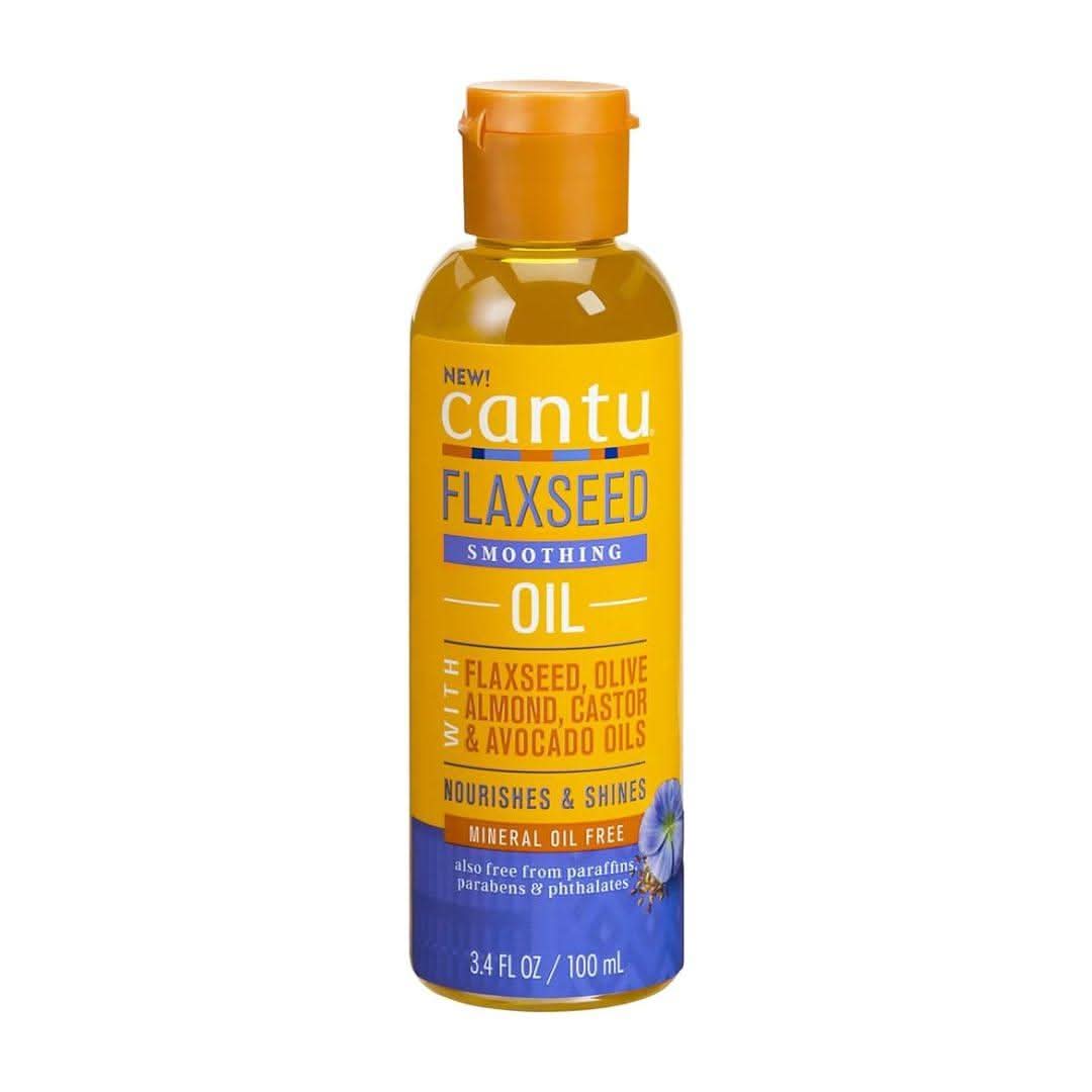 Cantu Flaxseed Smoothing Oil 100ml bottle with yellow liquid and orange flip-top cap.