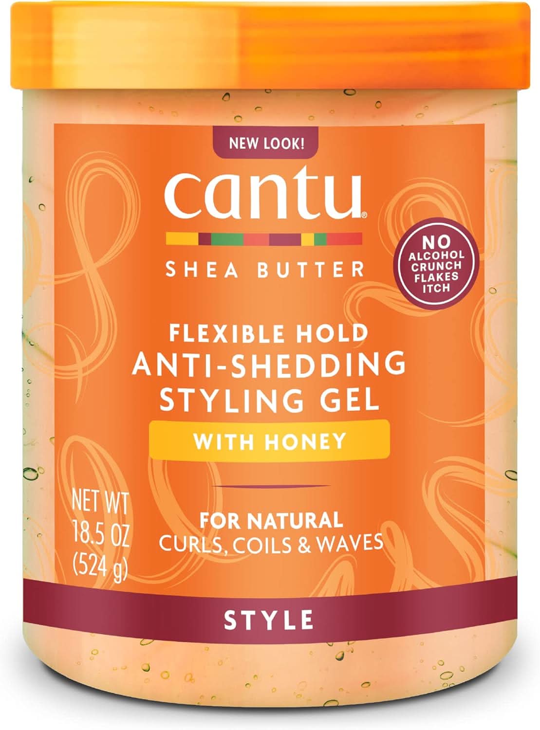 Cantu Flexible Hold Anti-Shedding Styling Gel with Honey, 18.5 oz, in an orange jar with a yellow lid.