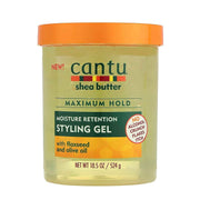 Cantu Maximum Hold Styling Gel, 524g, in a clear jar with an orange lid and green label.