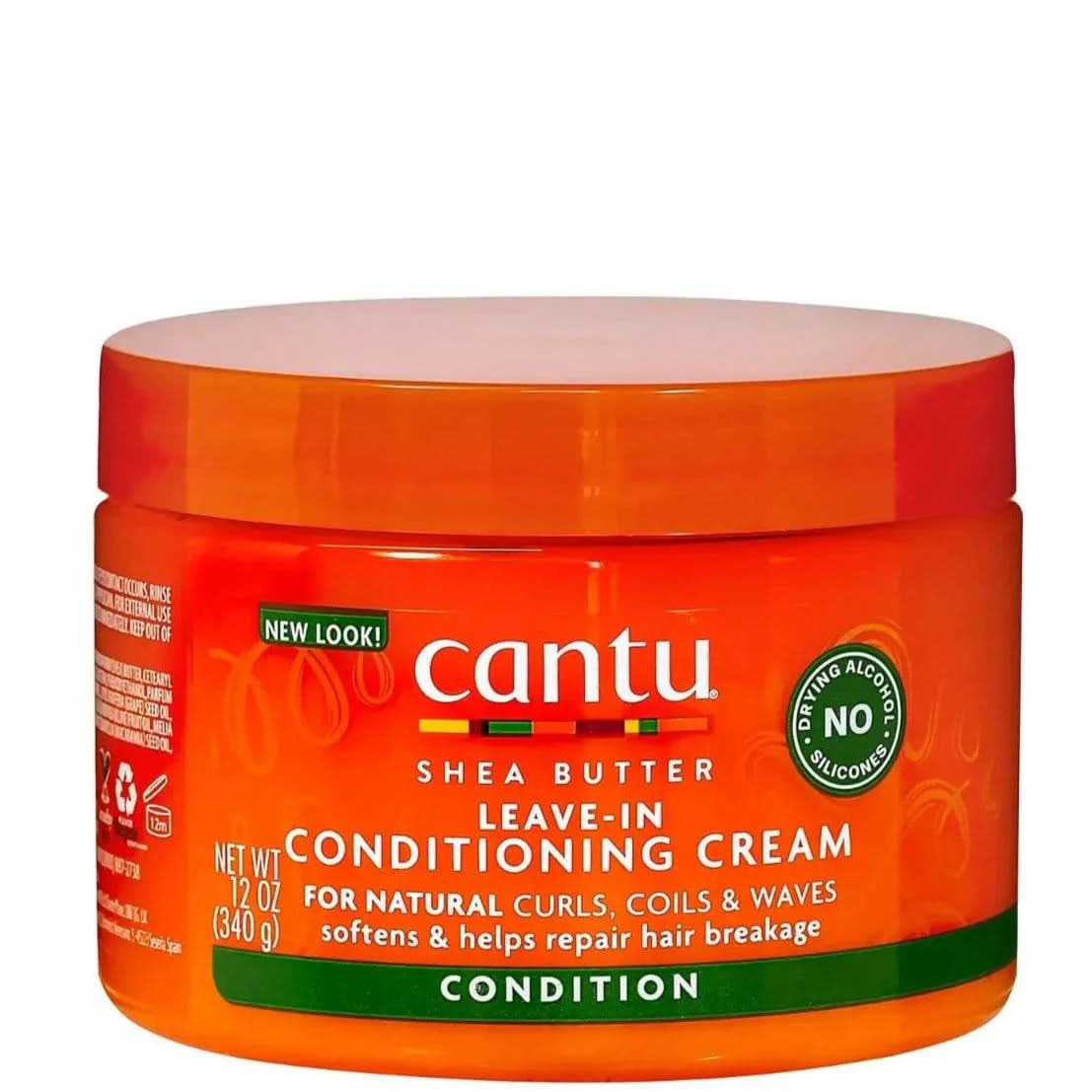 Orange Cantu Shea Butter Leave-In Conditioning Cream 340g jar with green label for natural hair.