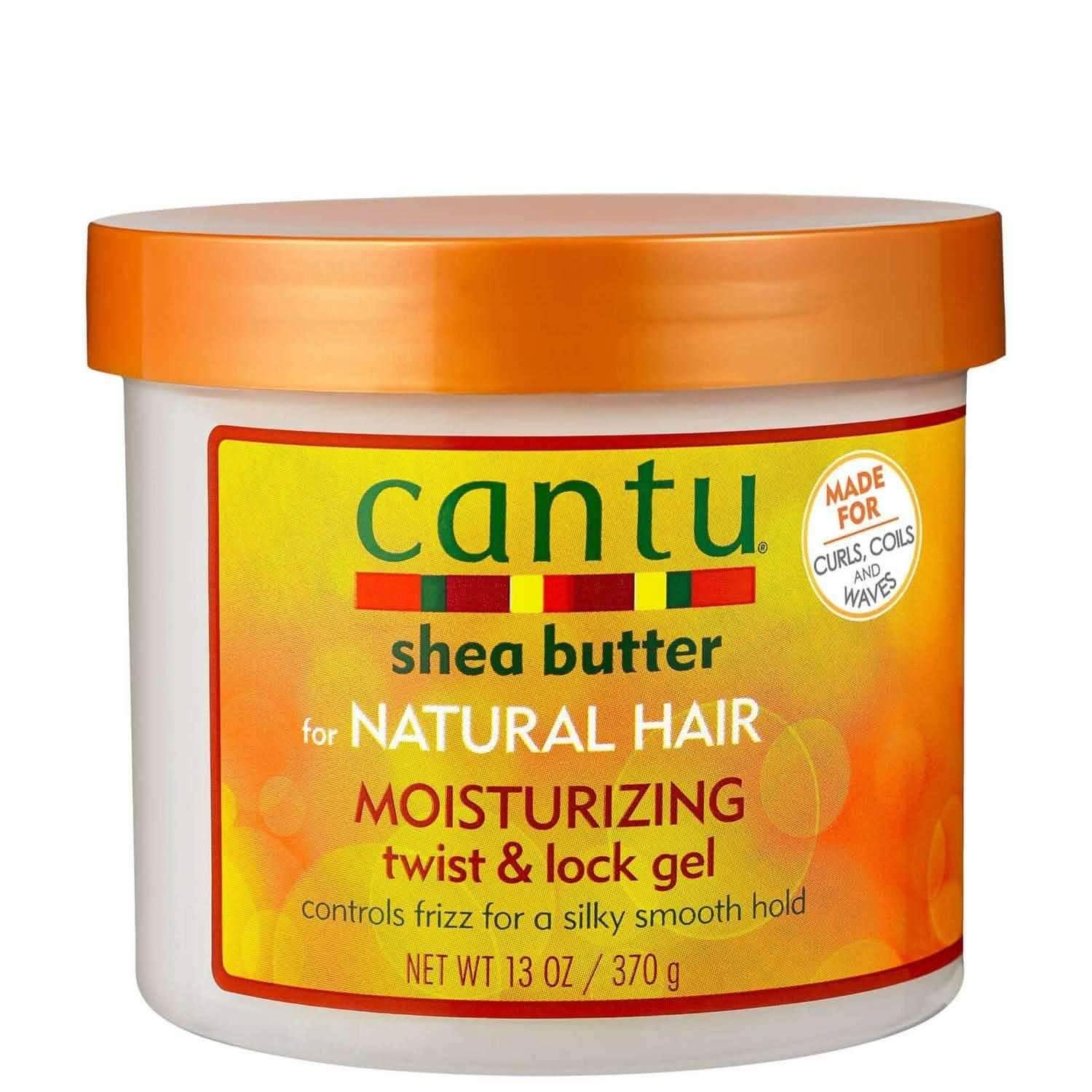 Cantu Shea Butter Moisturizing Twist & Lock Gel in a white jar with an orange lid and yellow label.
