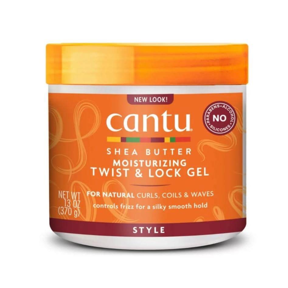 Cantu Shea Butter Moisturizing Twist & Lock Gel in an orange jar with a textured lid.