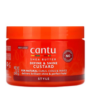 Cantu Shea Butter Define & Shine Custard in an orange 340g jar for natural curls.